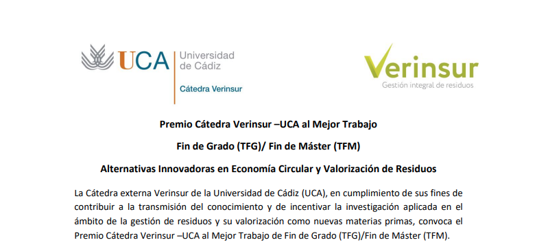 Premio Cátedra Verinsur –UCA al Mejor Trabajo de Fin de Grado (TFG)/Fin de Máster (TFM)